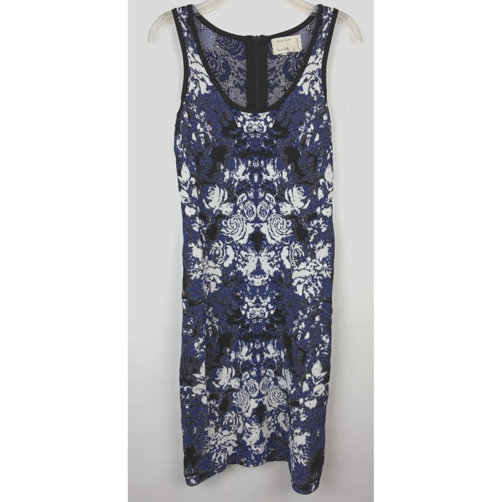 Artelier Nicole Miller Knit Dess Womens Small Fitted Floral Blue Stretchy